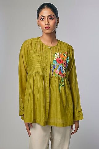 Green Fine Chanderi Hand Embroidered Gathered Shirt by Half Full Curve