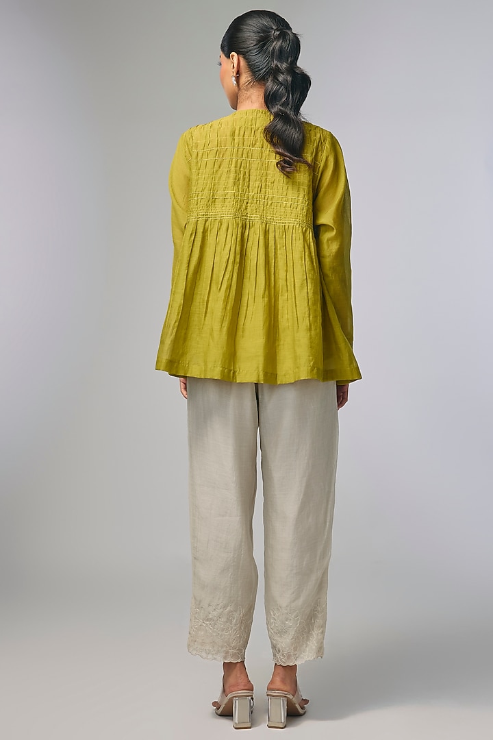 Green Fine Chanderi Hand Embroidered Gathered Shirt by Half Full Curve at Pernia's Pop Up Shop