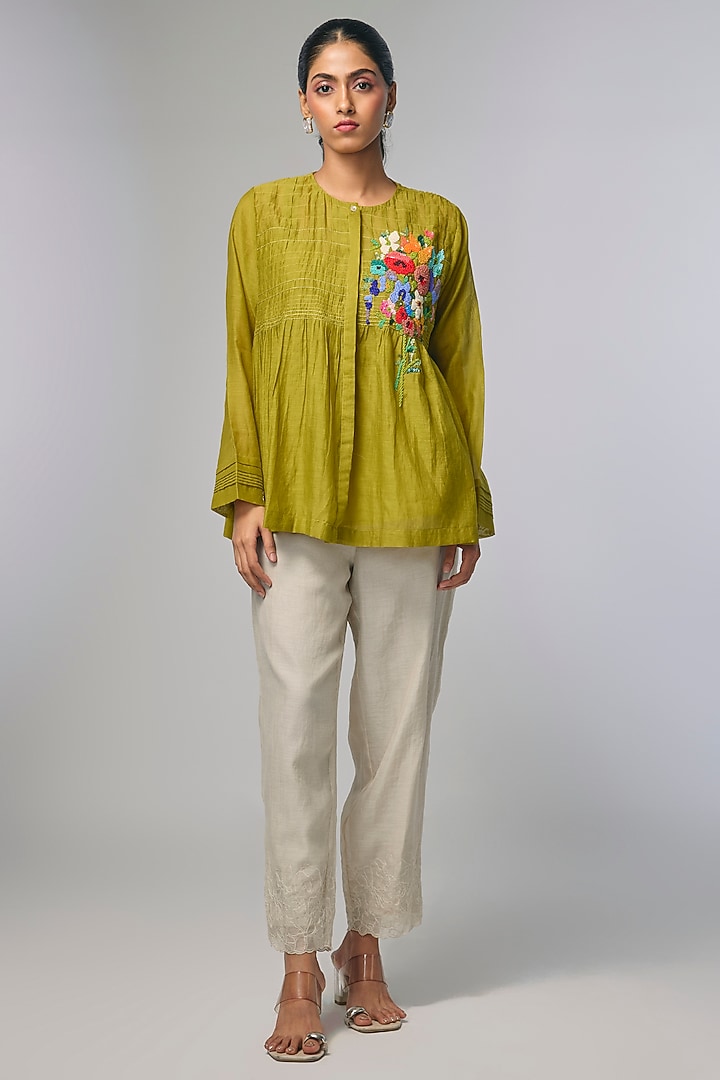 Green Fine Chanderi Hand Embroidered Gathered Shirt by Half Full Curve at Pernia's Pop Up Shop
