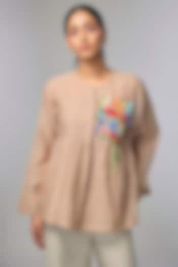 Beige Fine Chanderi Hand Embroidered Gathered Shirt by Half Full Curve at Pernia's Pop Up Shop