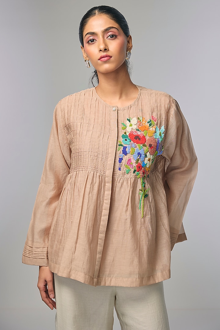 Beige Fine Chanderi Hand Embroidered Gathered Shirt by Half Full Curve at Pernia's Pop Up Shop