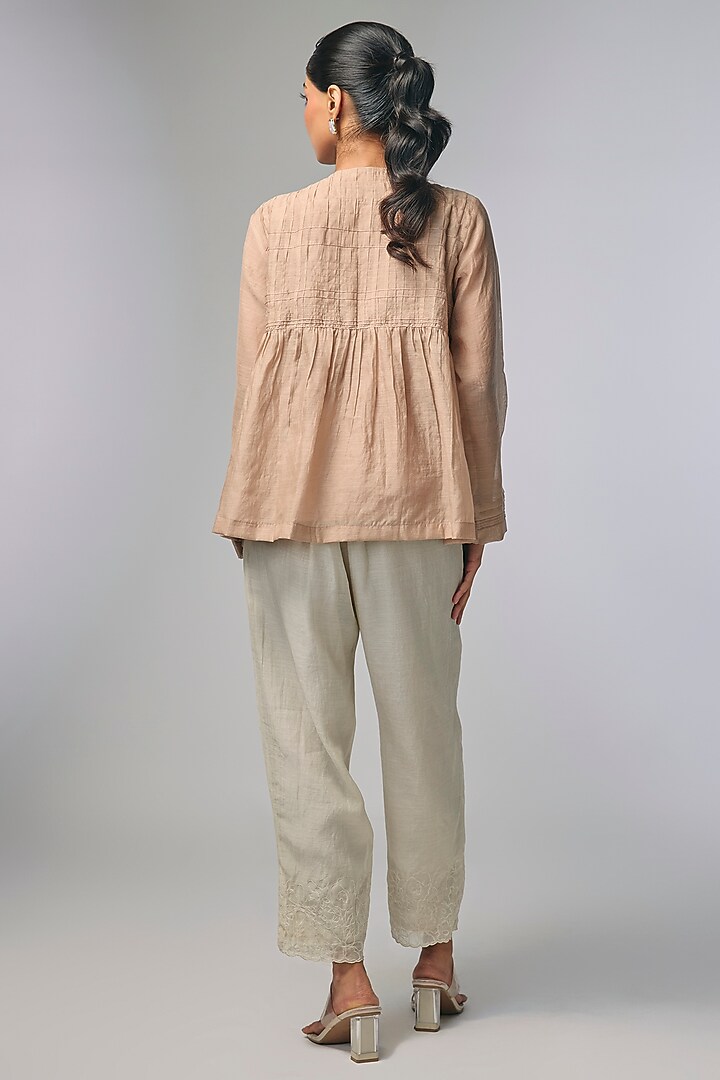 Beige Fine Chanderi Hand Embroidered Gathered Shirt by Half Full Curve at Pernia's Pop Up Shop