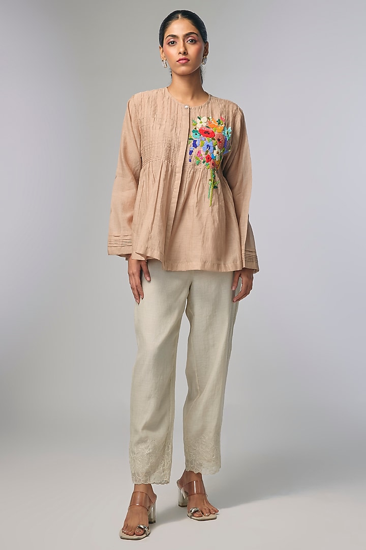 Beige Fine Chanderi Hand Embroidered Gathered Shirt by Half Full Curve at Pernia's Pop Up Shop