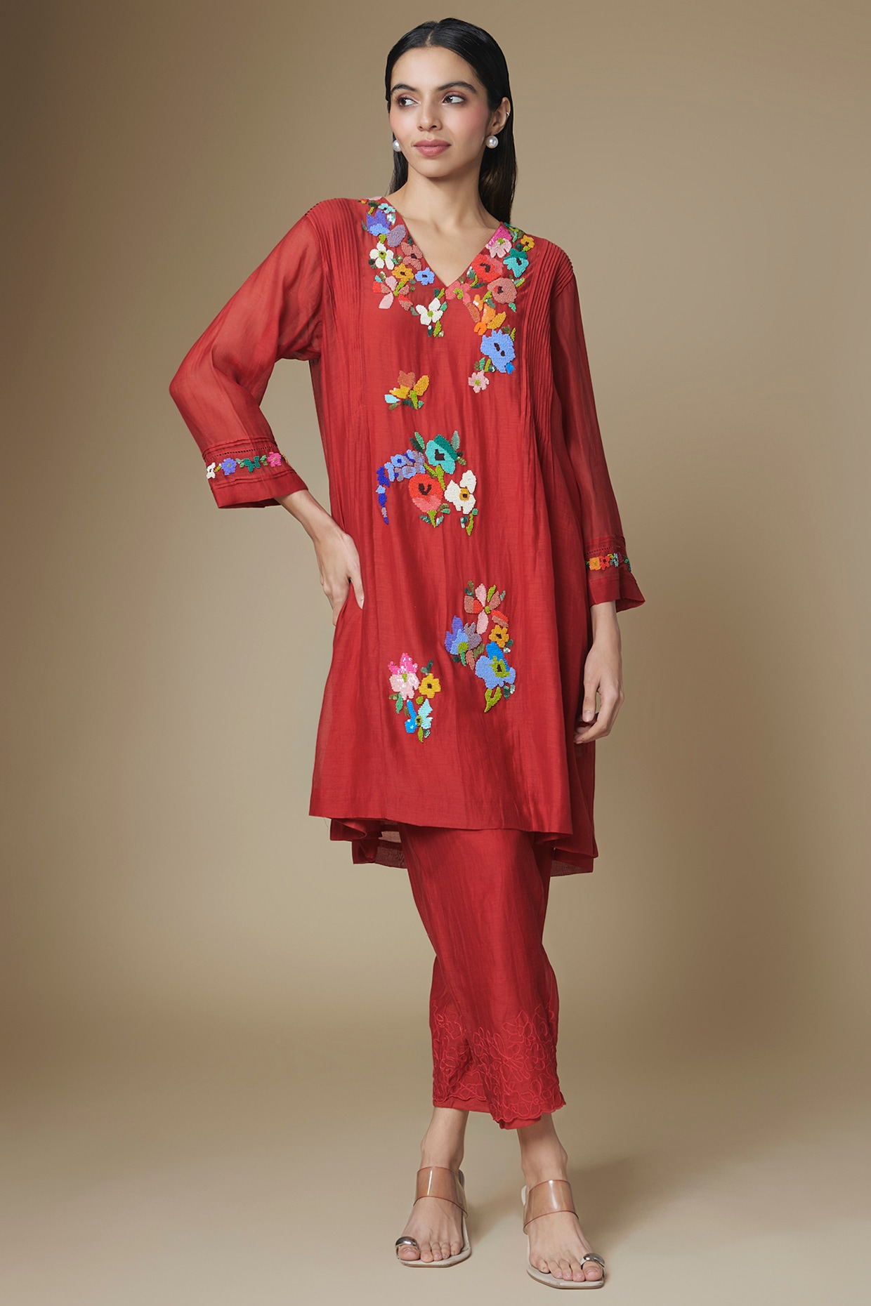 Half Full Curve Red Fine Chanderi Kurta Set