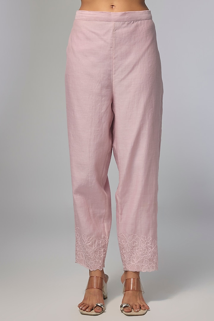 Pink Fine Chanderi Hand Embroidered Kurta Set by Half Full Curve at Pernia's Pop Up Shop