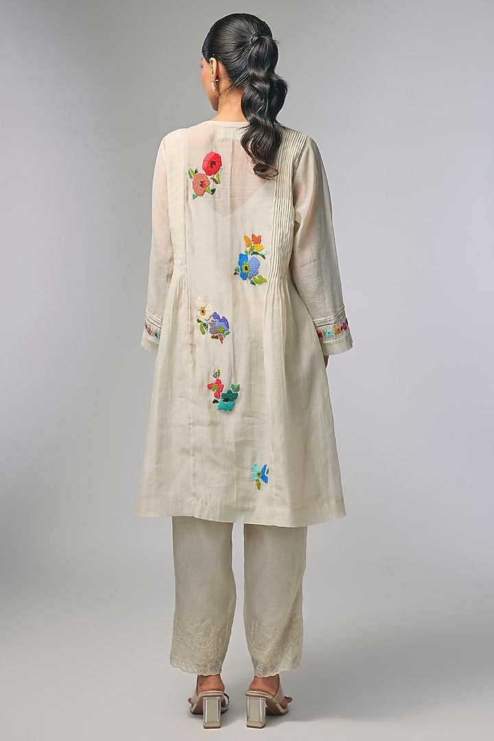 Ivory Fine Chanderi Hand Embroidered Kurta Set by Half Full Curve at Pernia's Pop Up Shop