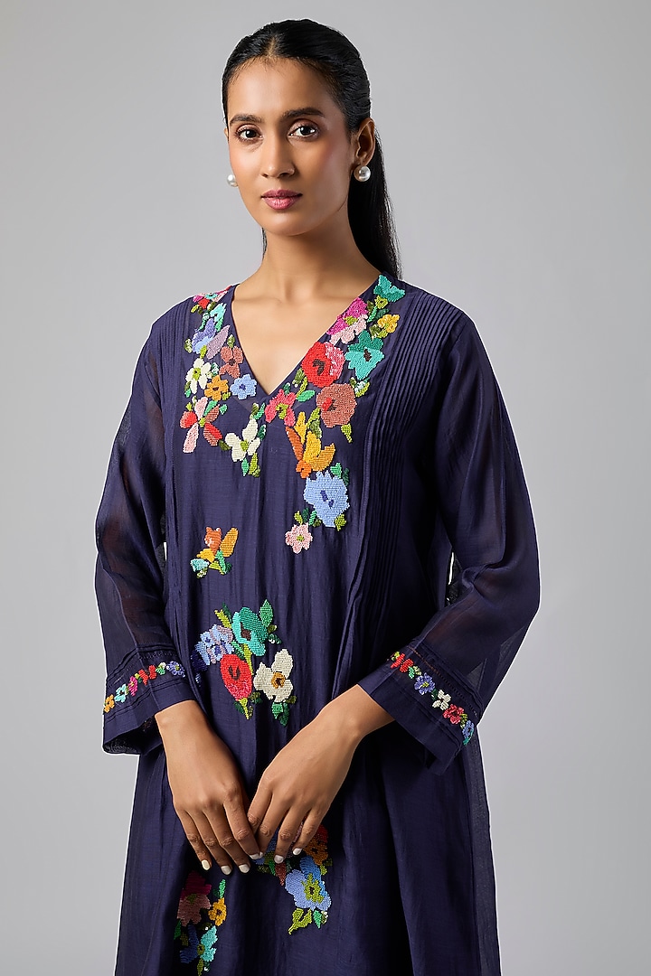 Blue Fine Chanderi Kurta Set by Half Full Curve at Pernia's Pop Up Shop