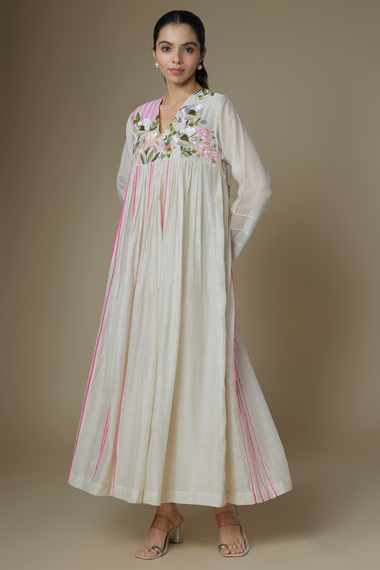 Half Full Curve Ecru Fine Chanderi Flared Dress