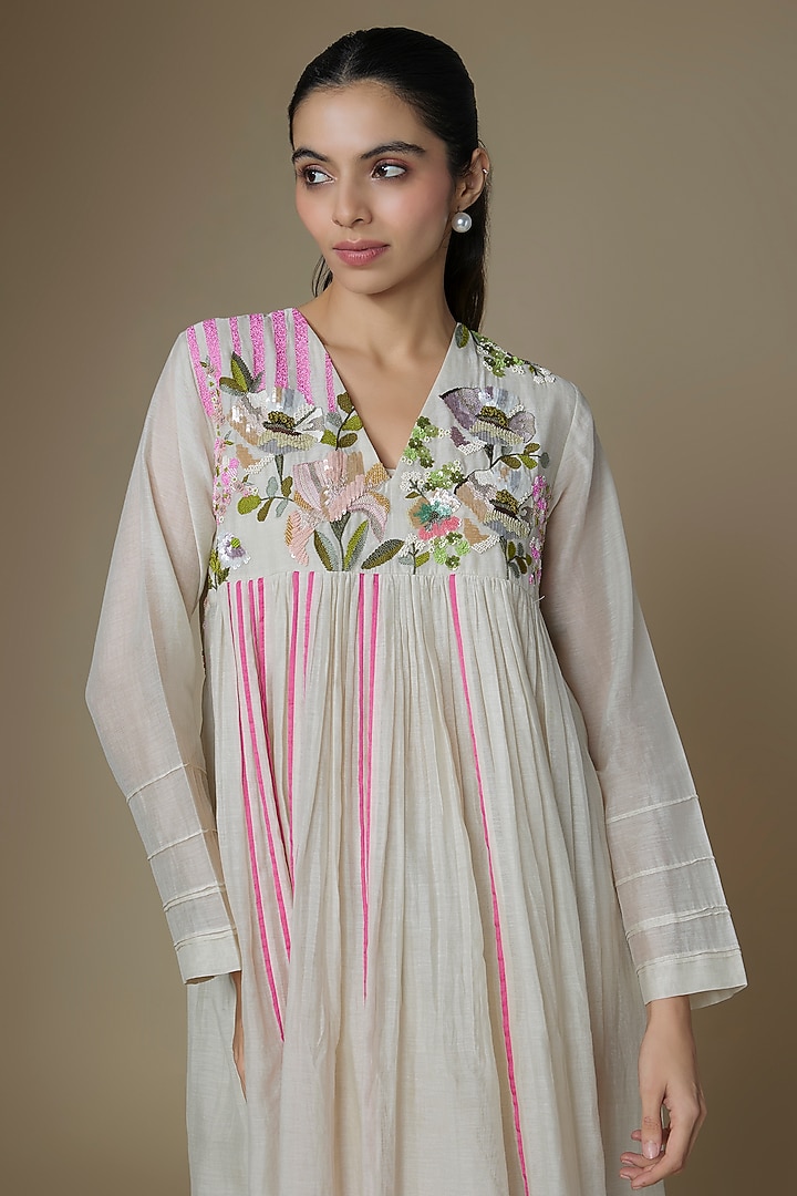 Ecru Fine Chanderi Flared Cocktail Dress by Half Full Curve at Pernia's Pop Up Shop