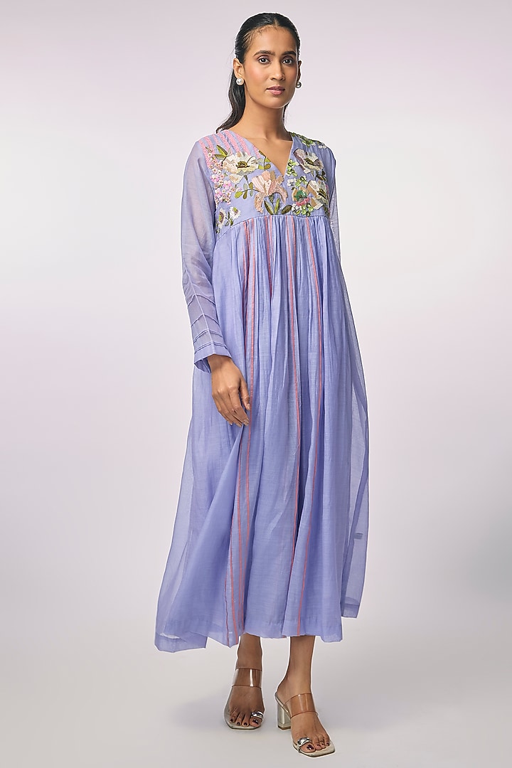 Purple Fine Chanderi Hand Embroidered Flared Cocktail Dress by Half Full Curve at Pernia's Pop Up Shop