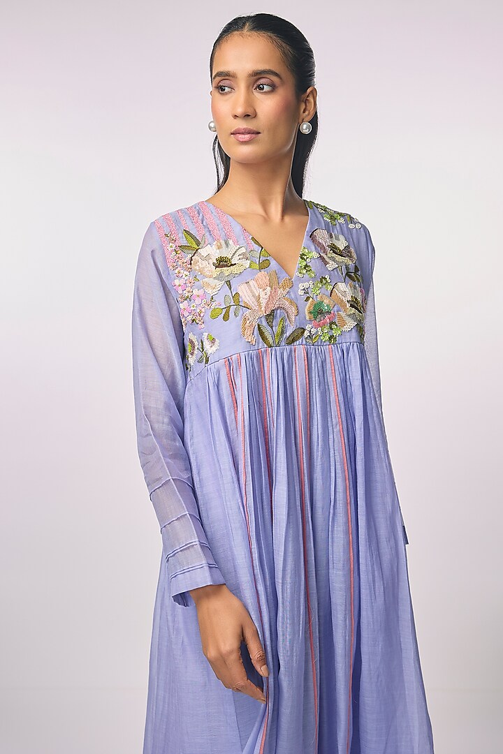 Purple Fine Chanderi Hand Embroidered Flared Cocktail Dress by Half Full Curve at Pernia's Pop Up Shop