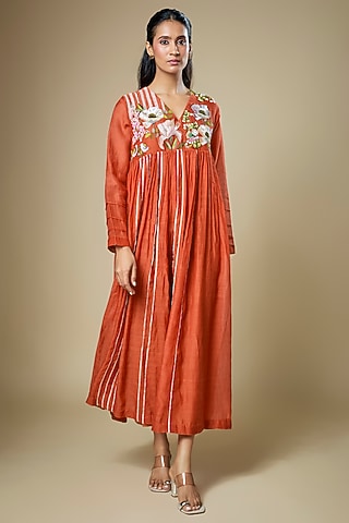 Orange Fine Chanderi Midi Flared Dress by Half Full Curve