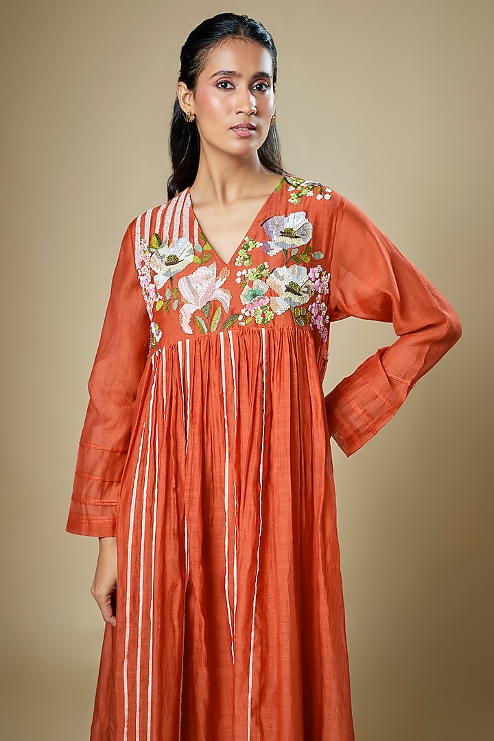 Orange Fine Chanderi Midi Flared Cocktail Dress by Half Full Curve at Pernia's Pop Up Shop