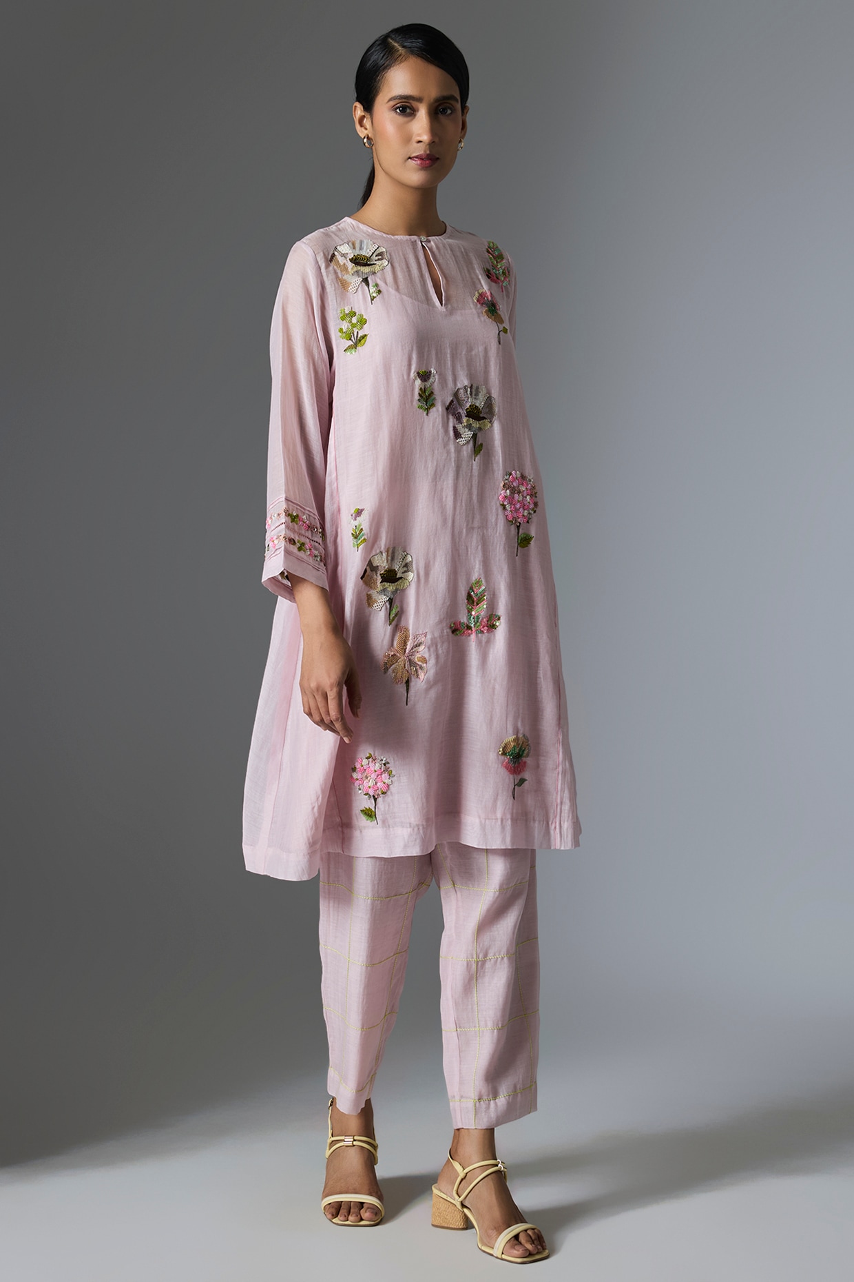 Half Full Curve Baby Pink Fine Chanderi Kurta Set