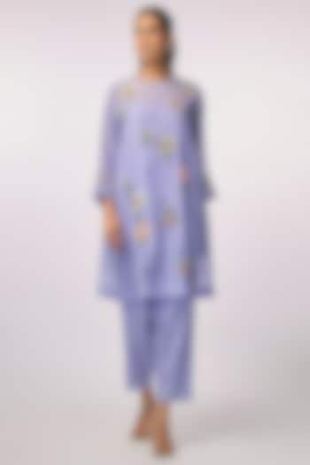 Purple Fine Chanderi Hand Embroidered Gathered Kurta Set by Half Full Curve at Pernia's Pop Up Shop