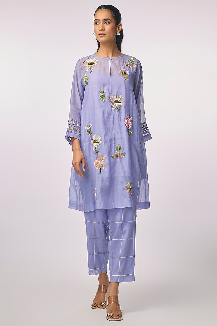 Purple Fine Chanderi Hand Embroidered Gathered Kurta Set by Half Full Curve at Pernia's Pop Up Shop