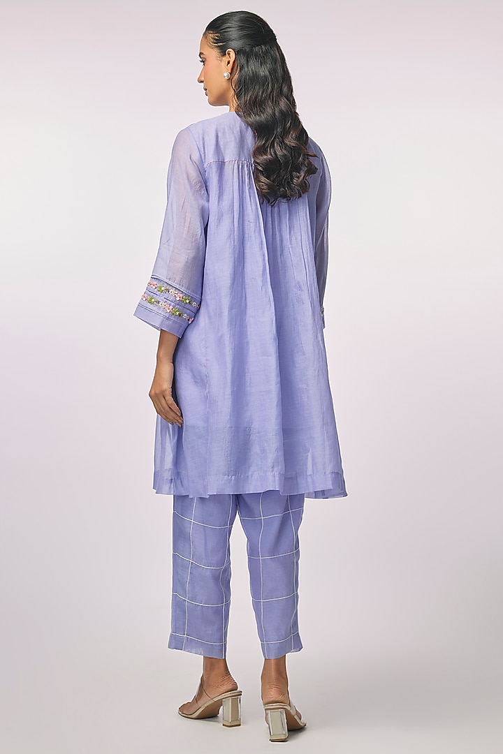 Purple Fine Chanderi Hand Embroidered Gathered Kurta Set by Half Full Curve at Pernia's Pop Up Shop