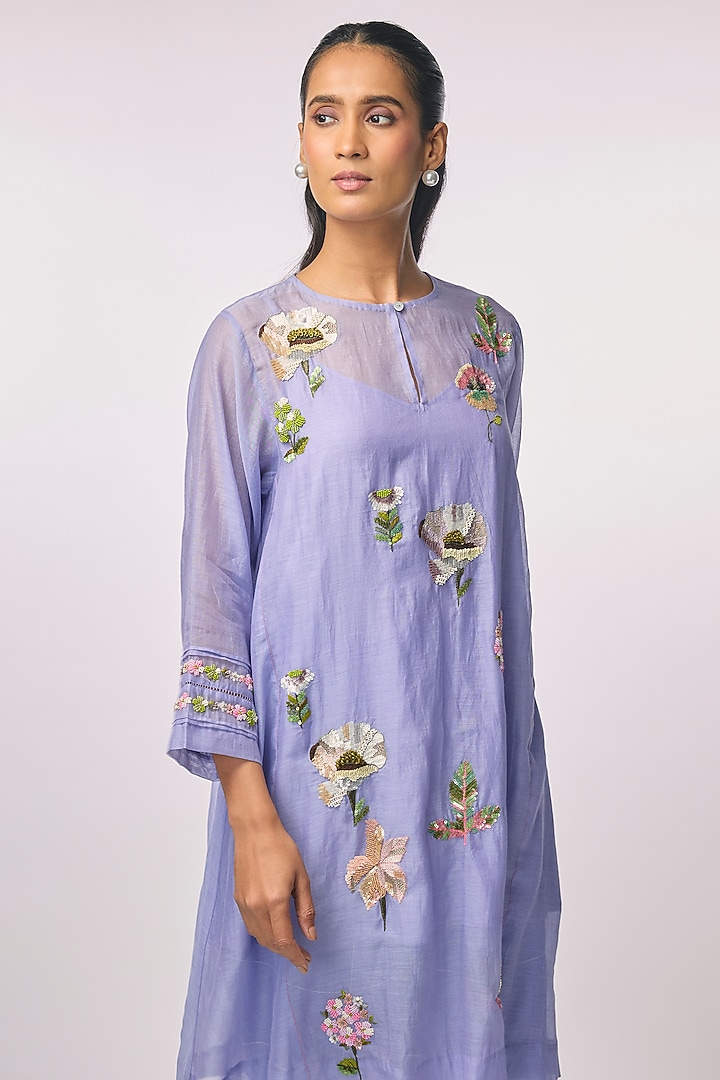 Purple Fine Chanderi Hand Embroidered Gathered Kurta Set by Half Full Curve at Pernia's Pop Up Shop