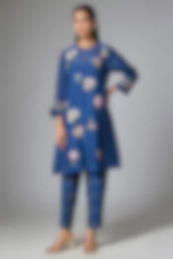 Royal Blue Fine Chanderi Gathered Kurta Set by Half Full Curve at Pernia's Pop Up Shop