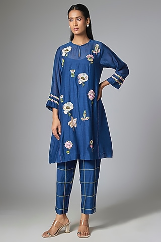 Royal Blue Fine Chanderi Gathered Kurta Set by Half Full Curve