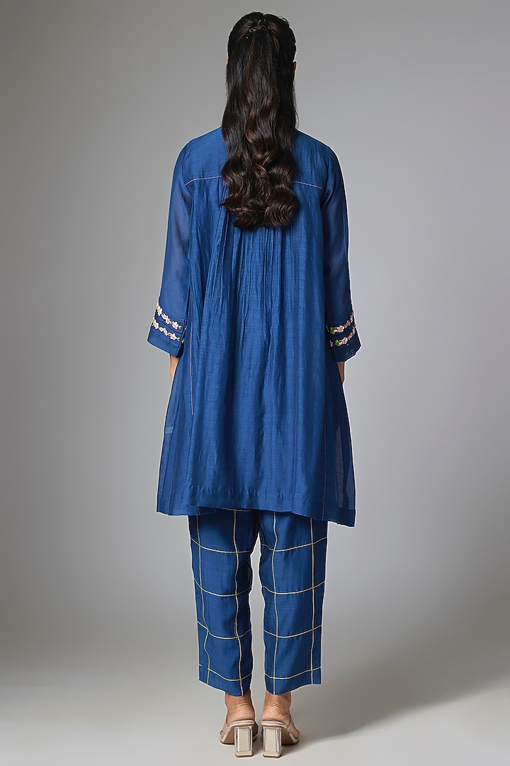 Royal Blue Fine Chanderi Gathered Kurta Set by Half Full Curve at Pernia's Pop Up Shop