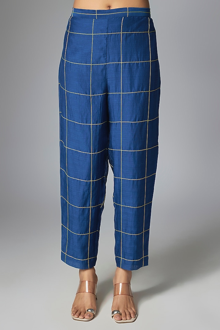 Royal Blue Fine Chanderi Gathered Kurta Set by Half Full Curve at Pernia's Pop Up Shop