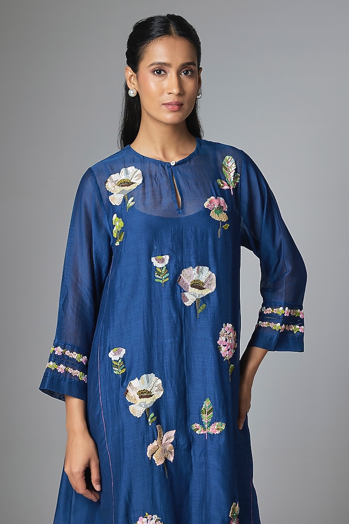 Royal Blue Fine Chanderi Gathered Kurta Set by Half Full Curve at Pernia's Pop Up Shop