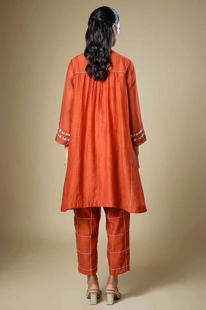 Orange Fine Chanderi Gathered Kurta Set by Half Full Curve at Pernia's Pop Up Shop