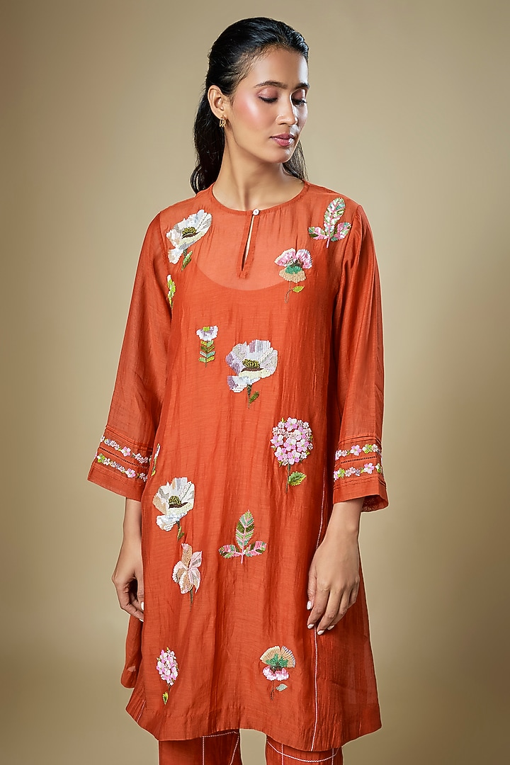 Orange Fine Chanderi Gathered Kurta Set by Half Full Curve at Pernia's Pop Up Shop