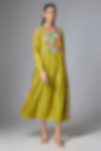Lime Green Fine Chanderi Gathered Vacation Dress by Half Full Curve at Pernia's Pop Up Shop