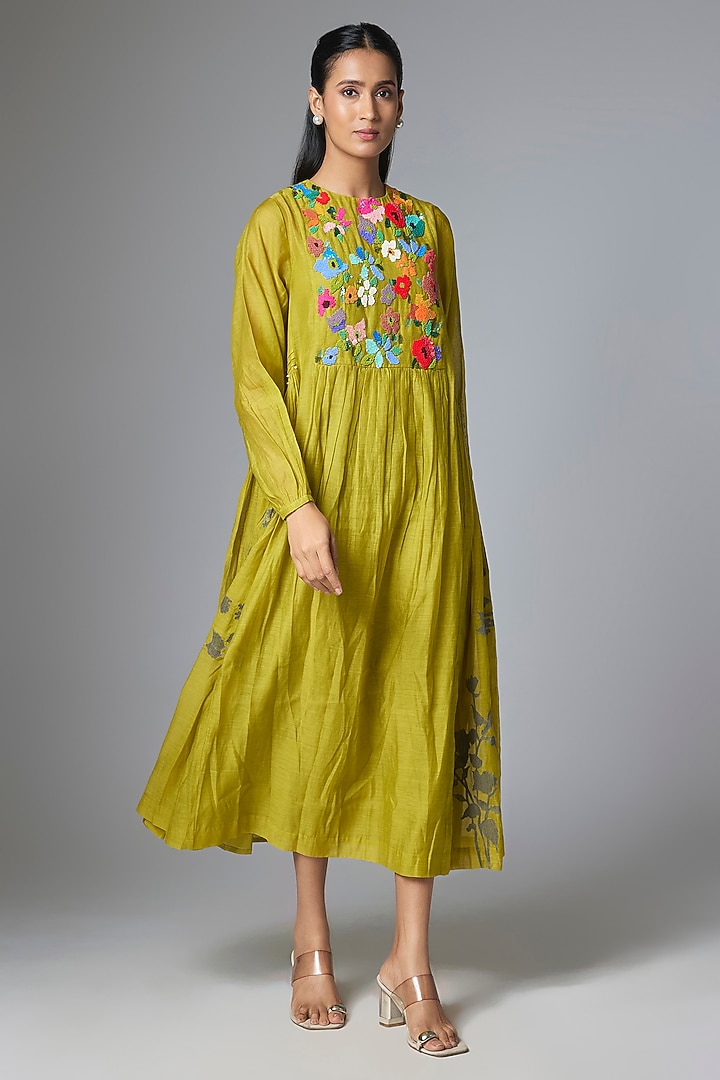 Lime Green Fine Chanderi Gathered Vacation Dress by Half Full Curve at Pernia's Pop Up Shop