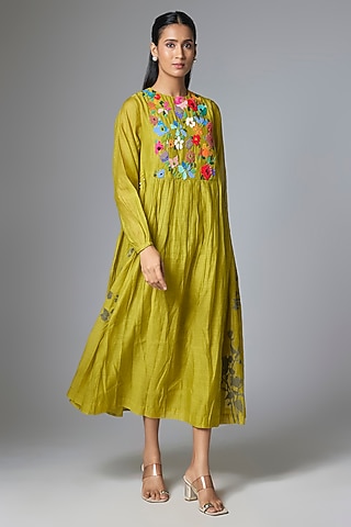 Lime Green Fine Chanderi Gathered Dress by Half Full Curve