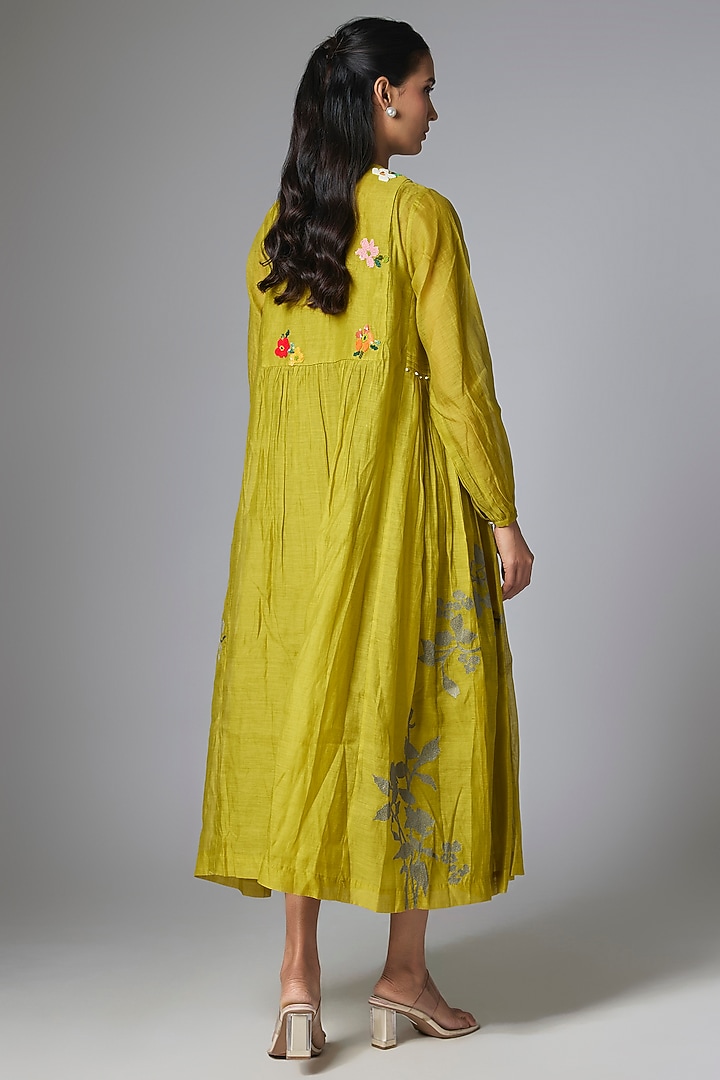Lime Green Fine Chanderi Gathered Vacation Dress by Half Full Curve at Pernia's Pop Up Shop