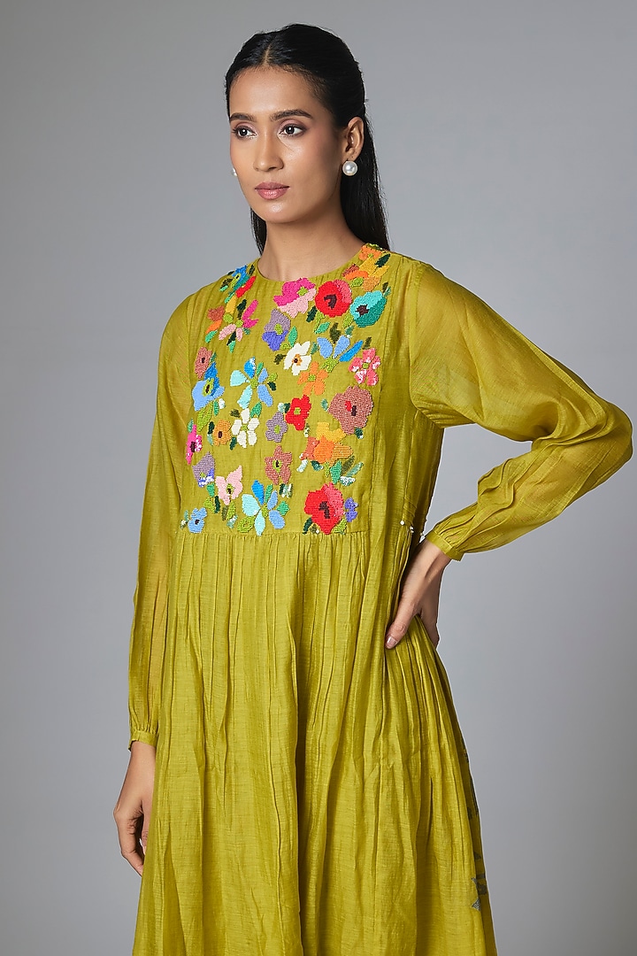 Lime Green Fine Chanderi Gathered Vacation Dress by Half Full Curve at Pernia's Pop Up Shop
