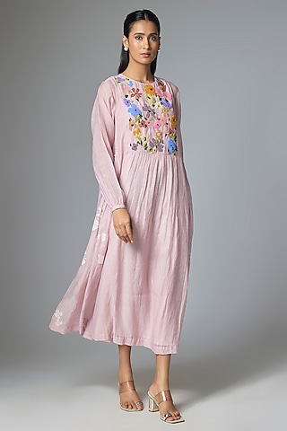Pink Fine Chanderi Gathered Dress by Half Full Curve