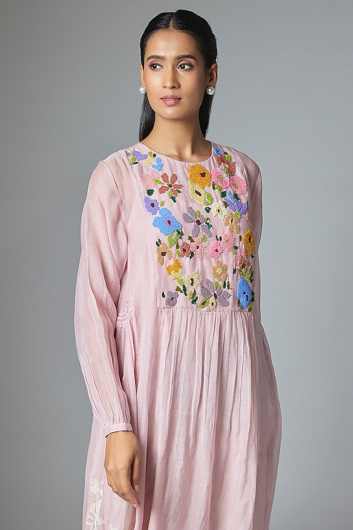 Pink Fine Chanderi Gathered Vacation Dress by Half Full Curve at Pernia's Pop Up Shop