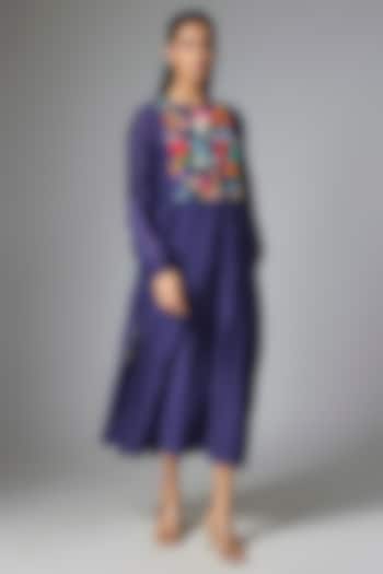 Dark Blue Fine Chanderi Gathered Vacation Dress by Half Full Curve at Pernia's Pop Up Shop