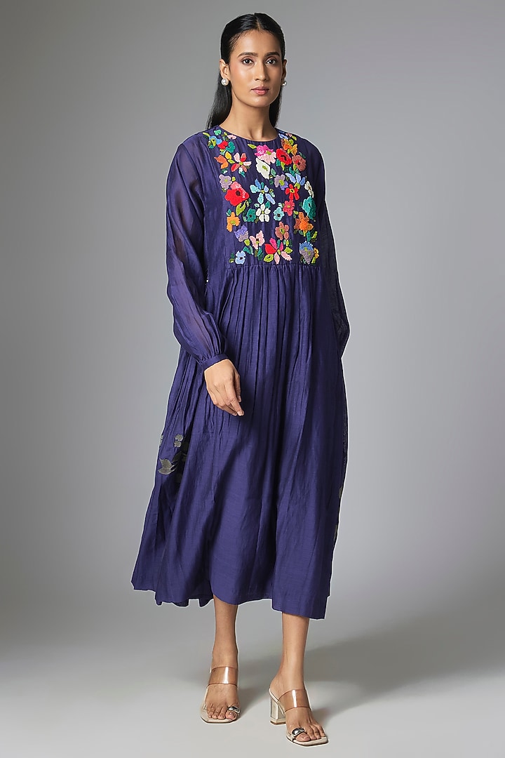 Dark Blue Fine Chanderi Gathered Vacation Dress by Half Full Curve at Pernia's Pop Up Shop