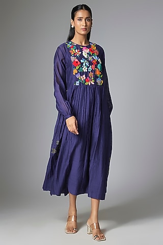 Dark Blue Fine Chanderi Gathered Dress by Half Full Curve