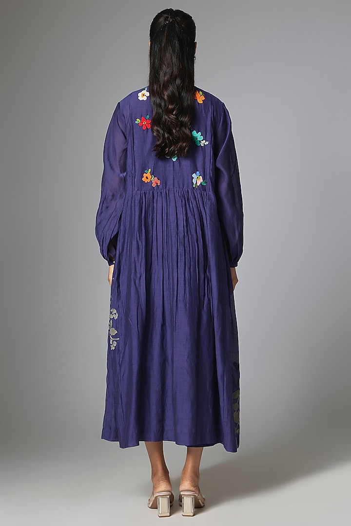 Dark Blue Fine Chanderi Gathered Vacation Dress by Half Full Curve at Pernia's Pop Up Shop