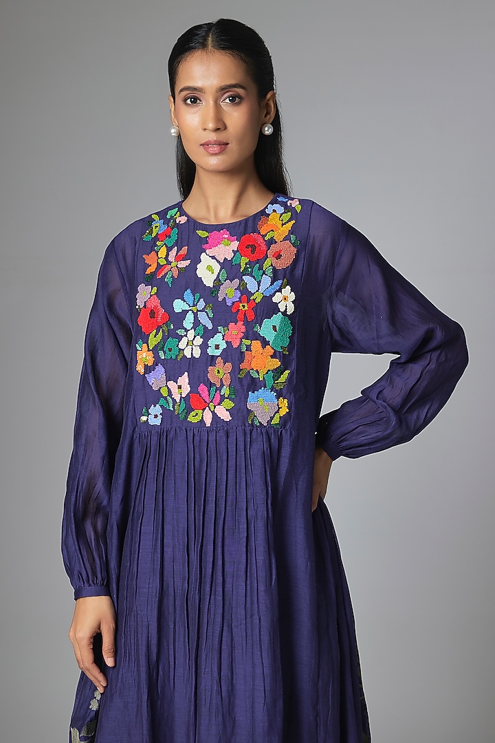 Dark Blue Fine Chanderi Gathered Vacation Dress by Half Full Curve at Pernia's Pop Up Shop