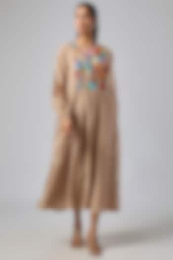 Dark Beige Fine Chanderi Gathered Vacation Dress by Half Full Curve at Pernia's Pop Up Shop