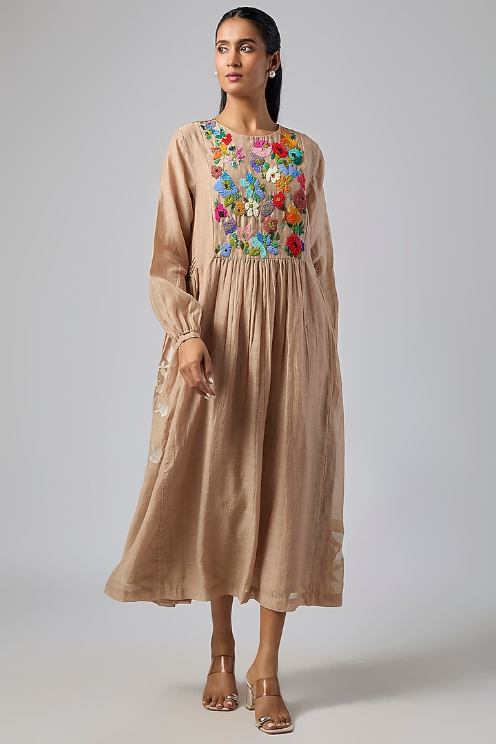 Dark Beige Fine Chanderi Gathered Vacation Dress by Half Full Curve at Pernia's Pop Up Shop