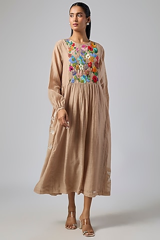 Dark Beige Fine Chanderi Gathered Dress by Half Full Curve