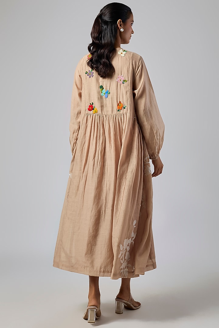 Dark Beige Fine Chanderi Gathered Vacation Dress by Half Full Curve at Pernia's Pop Up Shop
