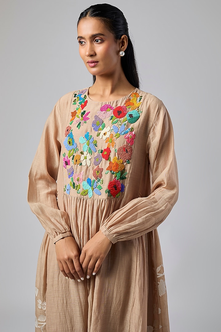 Dark Beige Fine Chanderi Gathered Vacation Dress by Half Full Curve at Pernia's Pop Up Shop