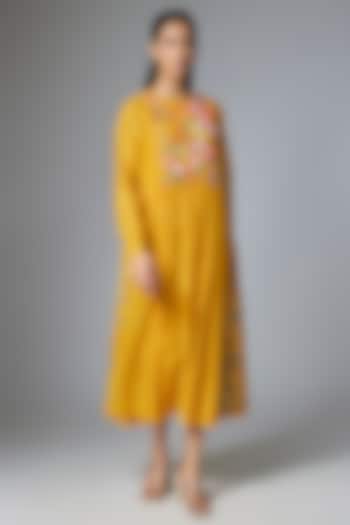Yellow Fine Chanderi Gathered Vacation Dress by Half Full Curve at Pernia's Pop Up Shop