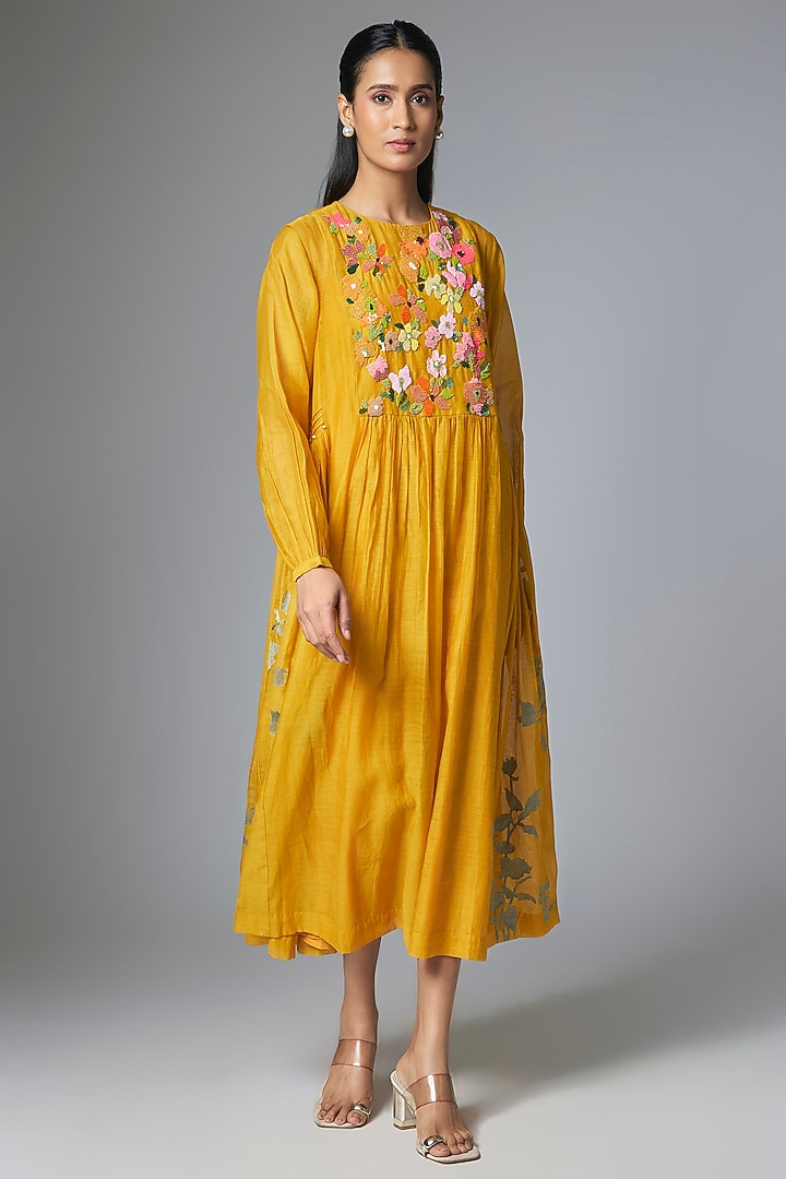 Yellow Fine Chanderi Gathered Vacation Dress by Half Full Curve at Pernia's Pop Up Shop