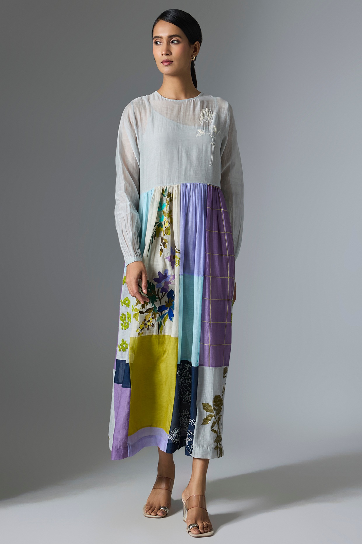 Half Full Curve Multi-Colored Fine Chanderi Gathered Dress