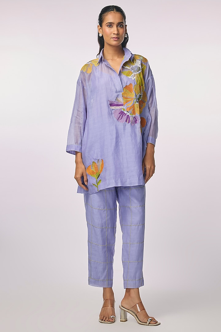 Purple Fine Chanderi Hand Embroidered Shirt Tunic Set by Half Full Curve at Pernia's Pop Up Shop